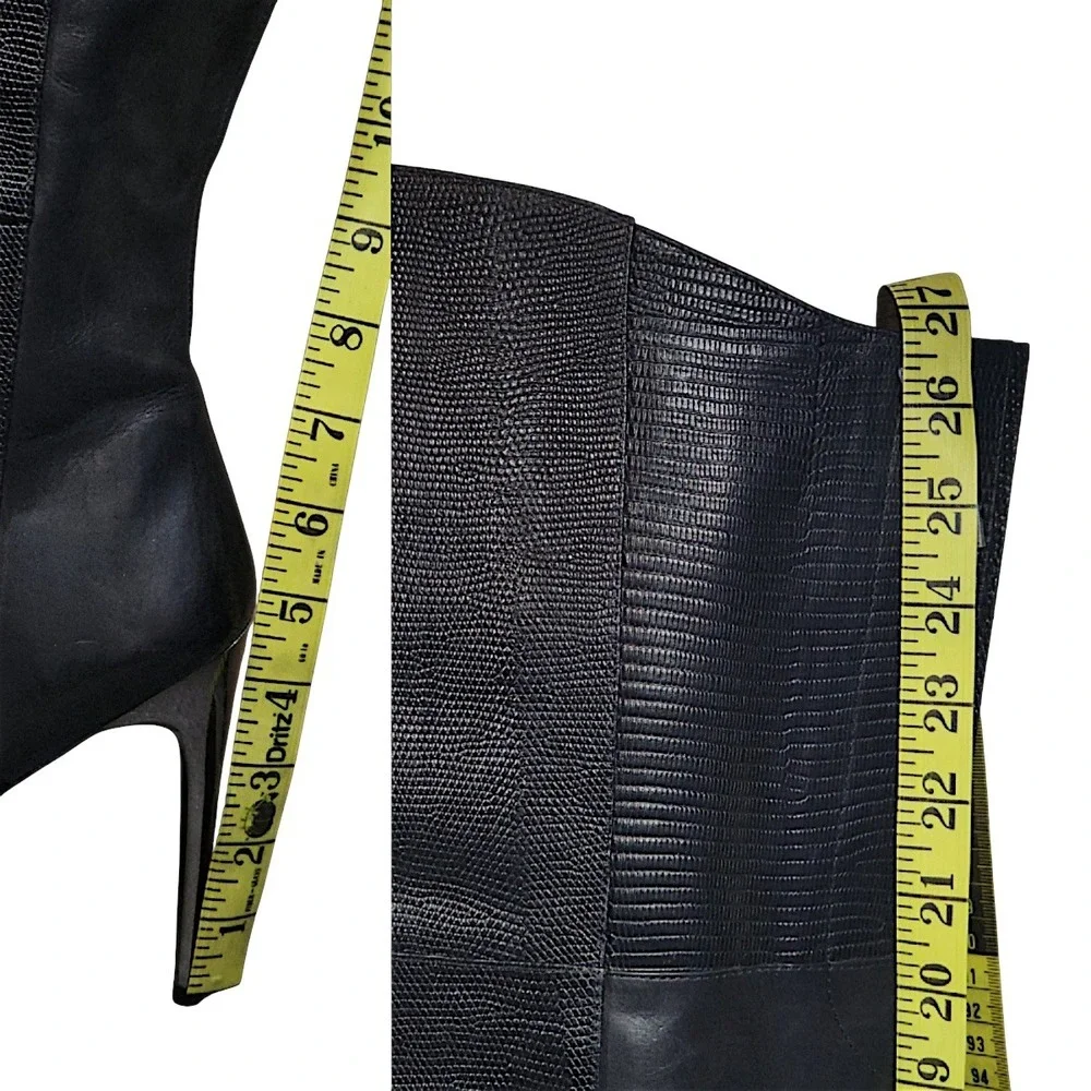 BCBGMAXAZRIA Runway Boots 9M Concorde Black Leather Lizard Print Thigh High 4.5